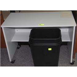 GREY MOVABLE TABLE & GARBAGE CANS
