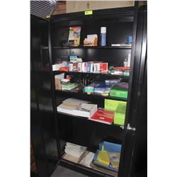 2 DOOR BLACK CABINET WITH MISC OFFICE & STATIONARY