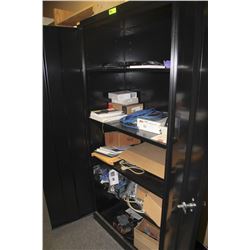 2 DOOR BLACK STORAGE CABINET WITH COMPUTER CORDS