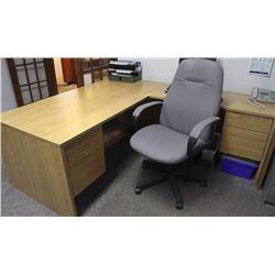 WOOD DESK WITH RUN OFF AND OFFICE CHAIR