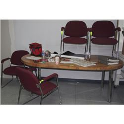 KITCHEN TABLE WITH 5 RED CLOTH CHAIRS