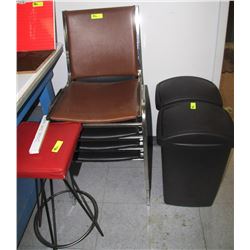 STACKING CHAIRS, STOOL, AND GARBAGE CANS