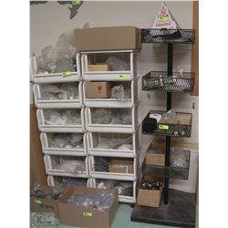 WHITE ROLLING SHELVES WITH ASSORTED PARTS & BLACK
