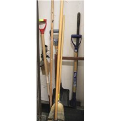 LOT OF ASSORTED SHOVELS, BROOMS, AND ICE PICKS