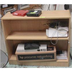 WOODEN SHELF INCL MISC ROUTERS, AND NETWORK