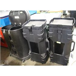 LOT OF 3 PLASTIC CARRYING CASES ON WHEELS