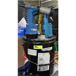 2 AIR GLUE GUNS AND PARTIAL 20L PAIL OF ADHESIVE