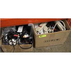 LOT OF 2 BOXES OF POWERBARS, EXTENSION CORDS, &