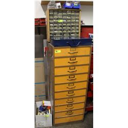 WOOD CABINET WITH 3 CARRY CASES, BOX WITH ASSORTED