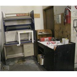 LOT OF CABINETS, SHELVING, DESK, PRODUCT ROLLER &