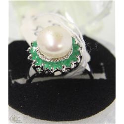 #46-AKOYA PEARL EMERALD 925 SOLID SILVER RING