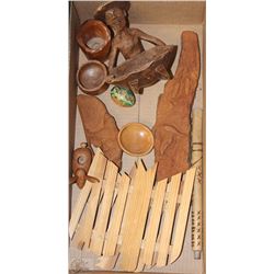 BOX W VINTAGE HAND CARVED WOODEN ITEMS