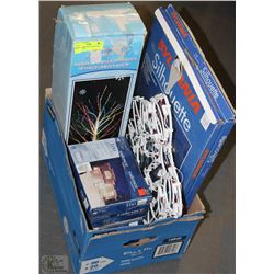 BOX OF CHRISTMAS LIGHTS AND 3 SILHOUETTES