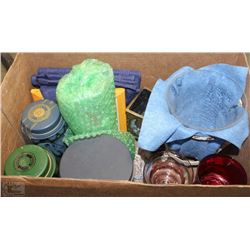 HOUSEHOLD MIX BOX - LOTS OF TINS, CANDLE HOLDERS,