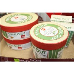 LOT OF TAKE OUT DISHES IN TAKE OUT CONTAINERS