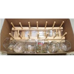 SET OF 3 WOODEN PLATE STANDS WITH A SET OF GLASSES