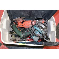 GREY TOTE WITH ASSORTED POWER TOOLS & BOOSTER