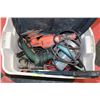 Image 1 : GREY TOTE WITH ASSORTED POWER TOOLS & BOOSTER