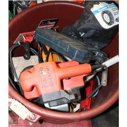 BURGUNDY BUCKET WITH TIRE CHAINS & ASSORTED TOOLS