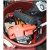 Image 1 : BURGUNDY BUCKET WITH TIRE CHAINS & ASSORTED TOOLS