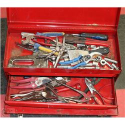 RED TOOL BOX WITH ASSORTED TOOLS