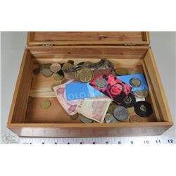 ESTATE BOX W/COLLECTIBLE BILLS, COINS &