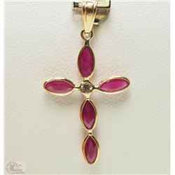 #12-14K YELLOW GOLD RUBY & DIAMOND CROSS PENDANT
