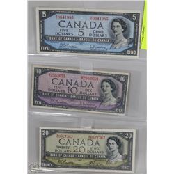 1954 3 BILL CANADA BANK NOTE SHEET SET WITH  $5