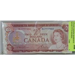 1974 $2 CANADA BANKNOTE WITH QUAD 7777'S DOUBLE