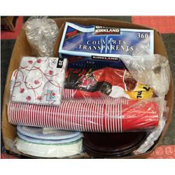 BOX FULL OF NEW PARTY SUPPLIES - GOBLETS,