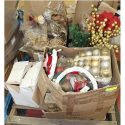 PALLET OF CHRISTMAS DECORATIONS & NEW  TREES