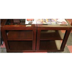 PAIR OF WOOD AND GLASSTOP END TABLES