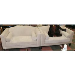 PAIR OF OFF WHITE LOVE SEATS WITH CUSHIONS