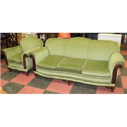 VINTAGE WOOD CARVED GREEN FABRIC SOFA AND CHAIR