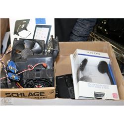 FLAT OF ASSORTED COMPUTER FANS, NEW TABLET STAND