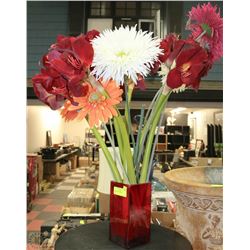 FLOWER ARRANGEMENT IN RED VASE
