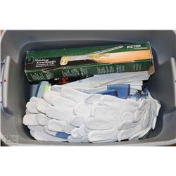 TOTE WITH ASSORTED WELDING SUPPLIES INCL LEATHER