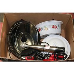 BOX WITH CROCKPOT , CASSEROLE DISHES AND MIXER