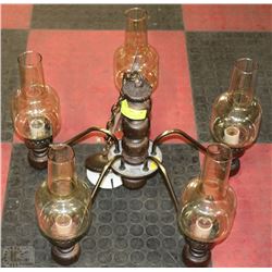 VINTAGE 5-LIGHT CHANDELIER WITH AMBER HURRICANE