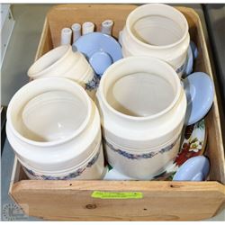 FLAT OF COOKIE JARS, CERAMIC SOUP BOWLS, FLOWER