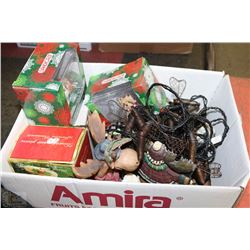 BOX OF ASSORTED CHRISTMAS ORNAMENTS ETC
