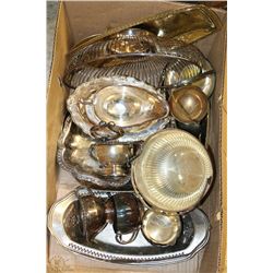 BOX OF ASSORTED SILVER PLATED DISHWARE INCL