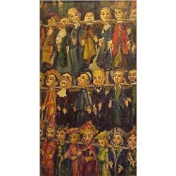 American European school (20th Century), PUPPETS, c. 1959, oil painting on canvas, 43 x 23 1/2"...