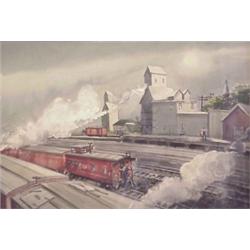 Ken Barker (20th Century) American Illustrator, TRAIN YARD, watercolor, 18 x 26", signed lower...