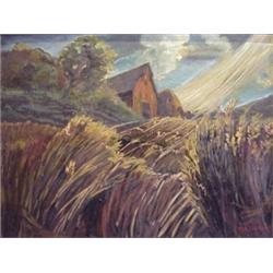 Ken Barker (20th Century) American Illustrator, BARN ON HILL, oil painting on canvas board, 19...