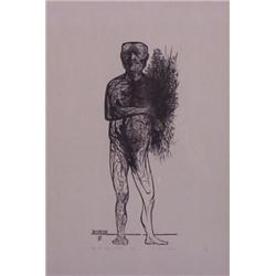 Leonard Baskin (1922-2002) American, MAN WITH SPRING PLANTS, wood engraving, signed in pencil,...