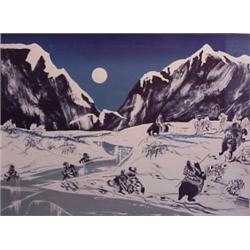 Earl Biss (20th Century) American, MOONLIGHT ON CRAZY WOMAN MOUNTAINS, color lithograph, signed...