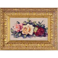 Conrad Buff (1886-1975) American, ROSES, oil painting on board, 9 x 14", signed lower right, fr...