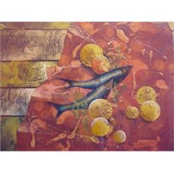 Yankel Ginzburg (20th Century) Israeli, FISH, 1968, oil painting on canvas, 18 x 24", signed an...