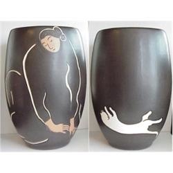 R. C. Gorman (b. 1931) American, WOMAN WITH WHITE CAT, 1981, black ceramic vase, numbered editi...